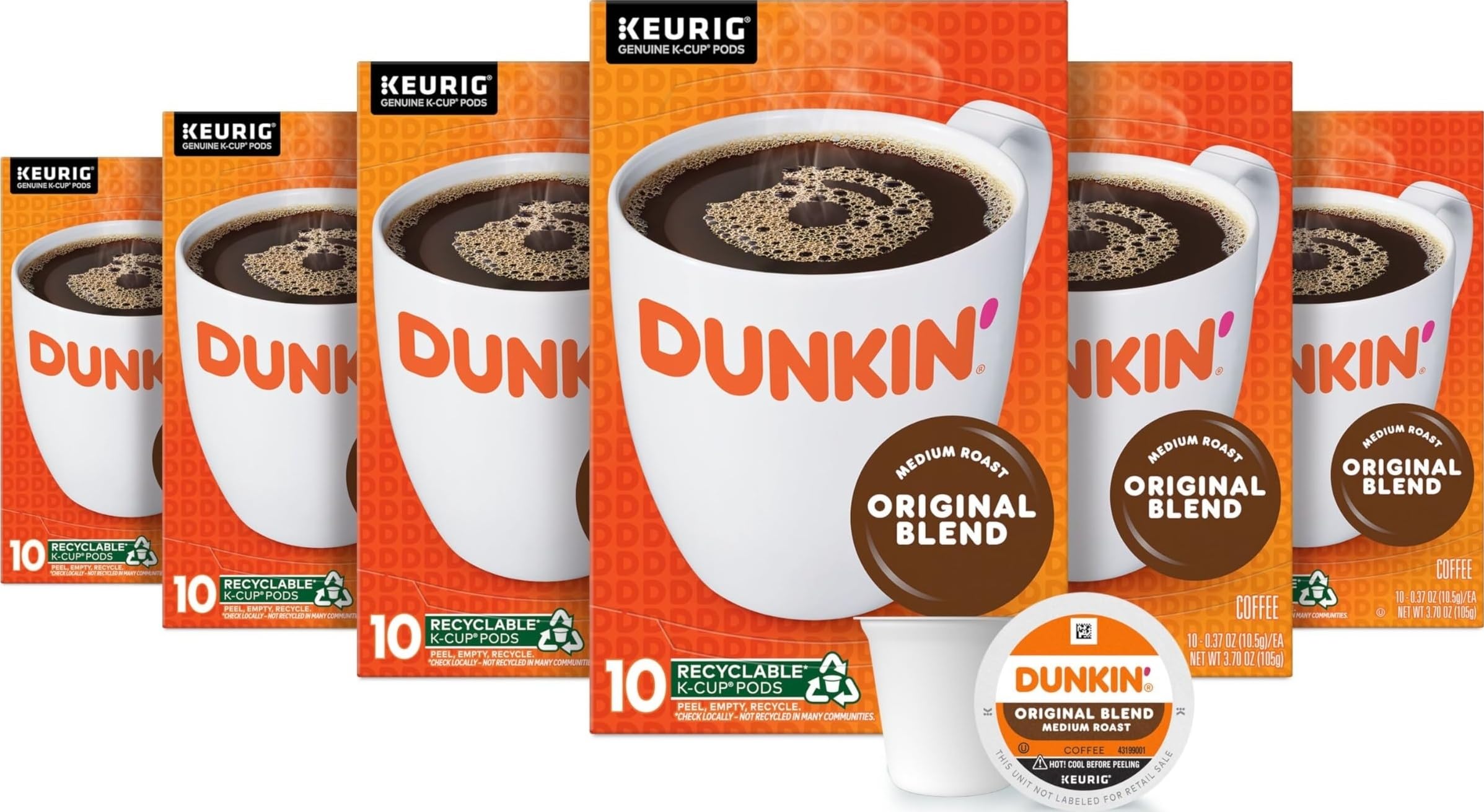 Dunkin' frente del empaque K-Cups mostrando 60 cápsulas y conveniencia