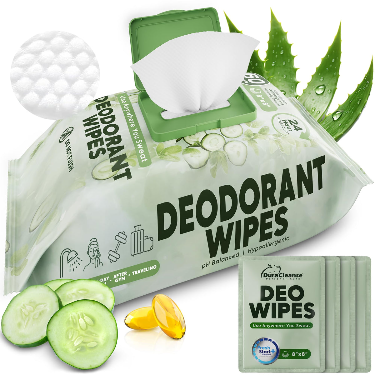 Dura Cleanse frente del paquete resealable que mantiene toallitas frescas