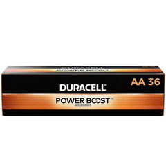 Duracell caja frontal mostrando el pack de 36 AA y duración confiable