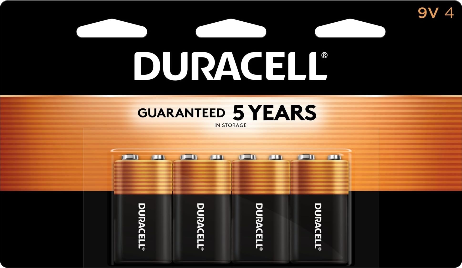 Duracell Coppertop 9V paquete frontal mostrando cantidad y marca para seguridad doméstica