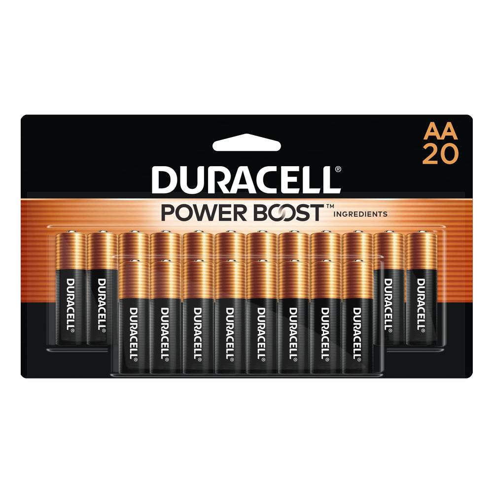 Duracell Coppertop AA frontal del paquete mostrando la marca y cantidad