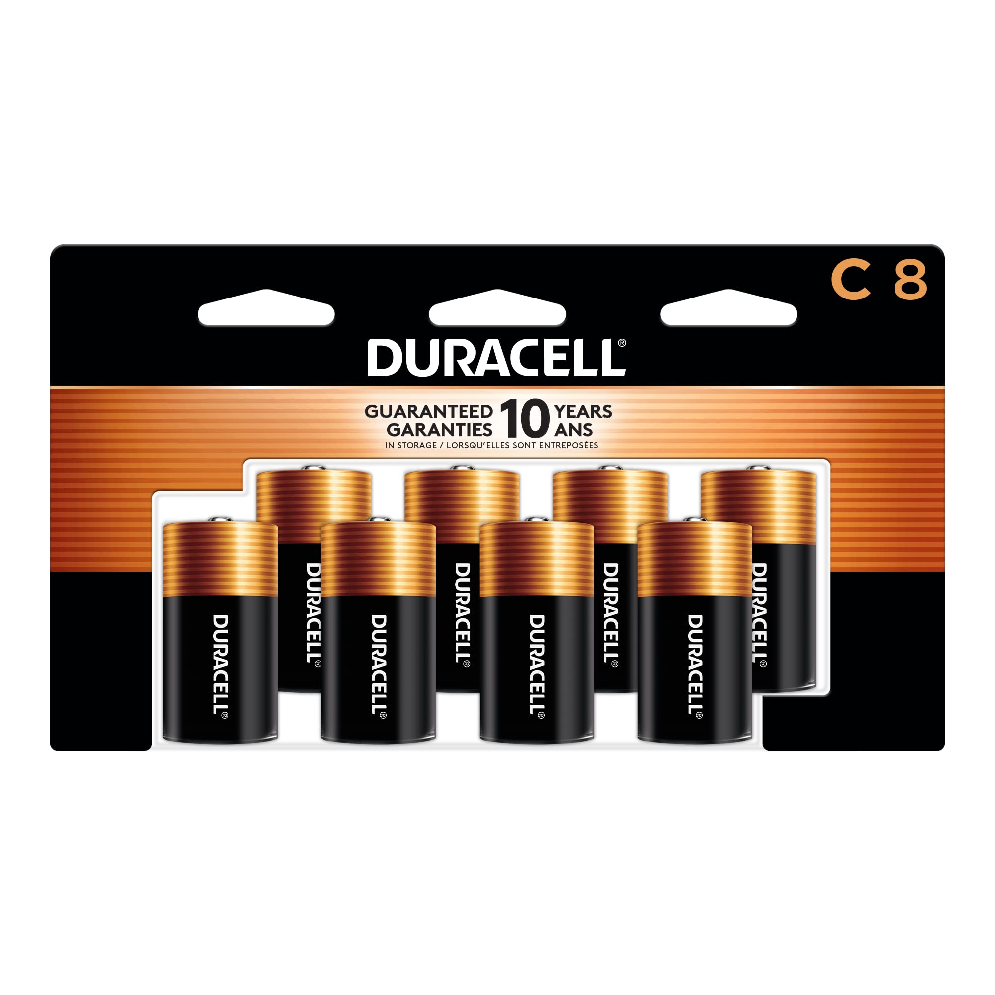 Duracell Coppertop C frontal del empaque mostrando cantidad y duración
