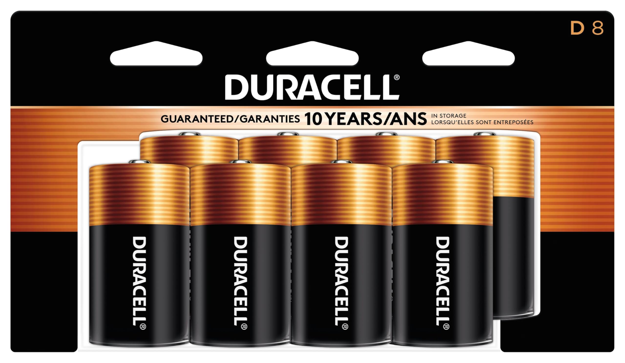 Duracell Coppertop D frontal del pack mostrando 8 pilas, fiabilidad inmediata