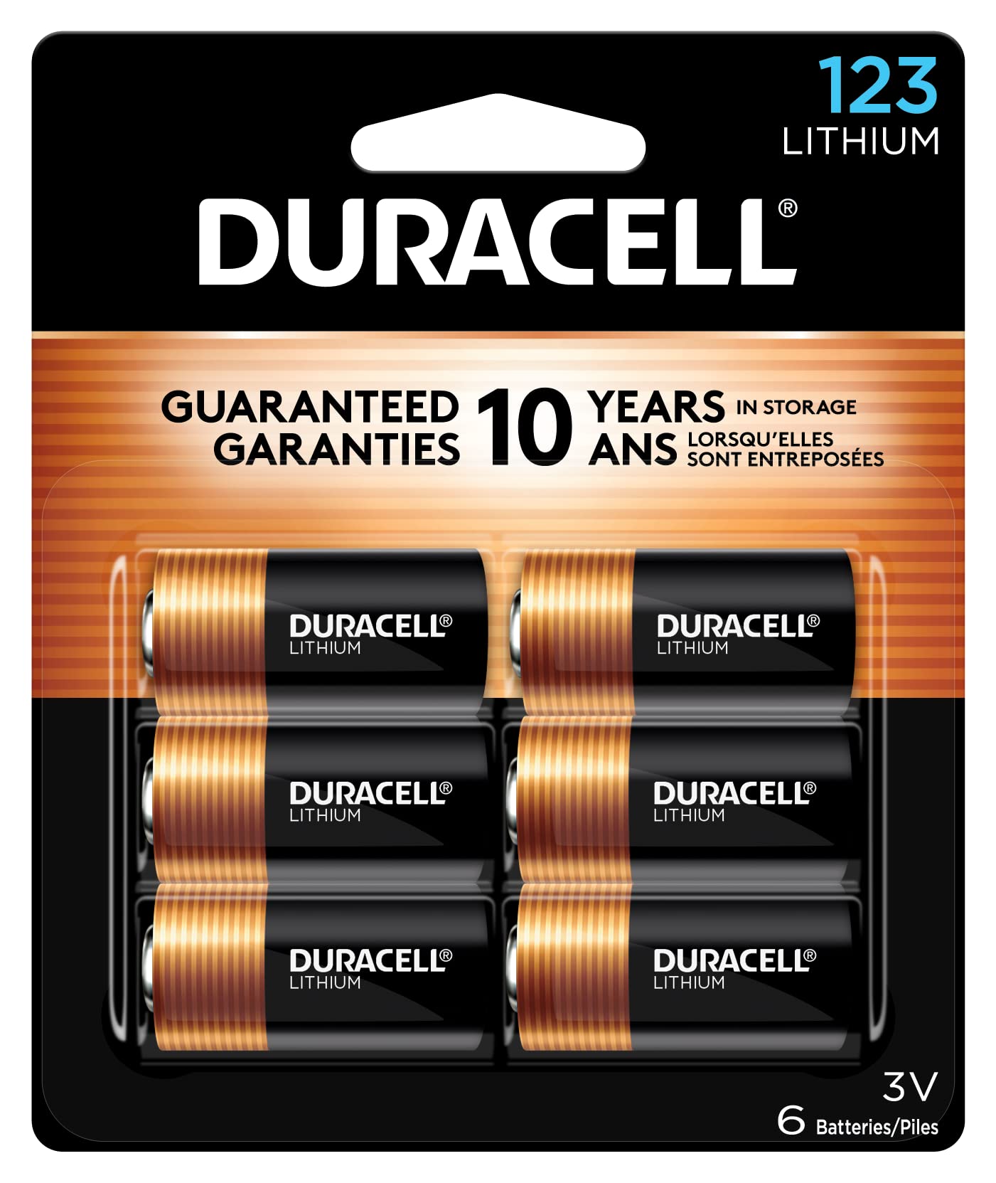 Duracell CR123A frontal del paquete mostrando 6 pilas, durabilidad garantizada