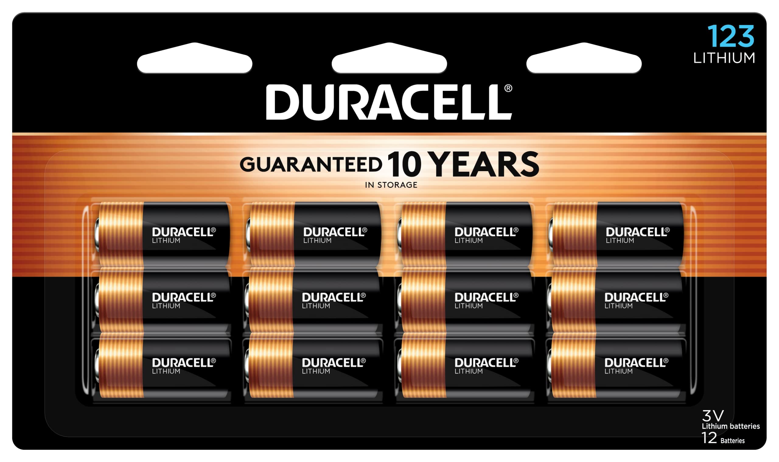 Duracell CR123A empaque frontal mostrando 12 pilas y almacenamiento seguro