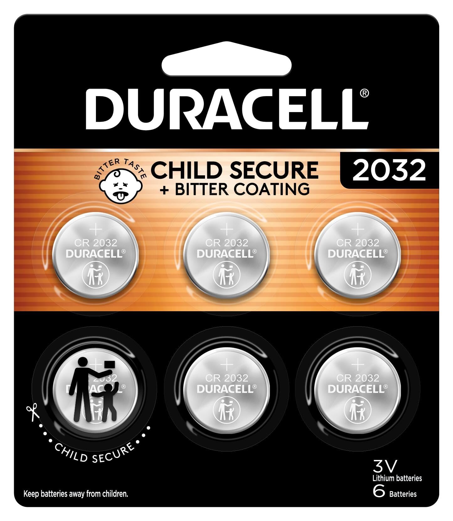 Duracell CR2032 front packaging shows 6-pack and safety features for secure storage