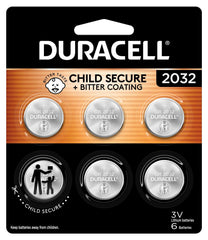 Duracell CR2032 front packaging shows 6-pack and safety features for secure storage