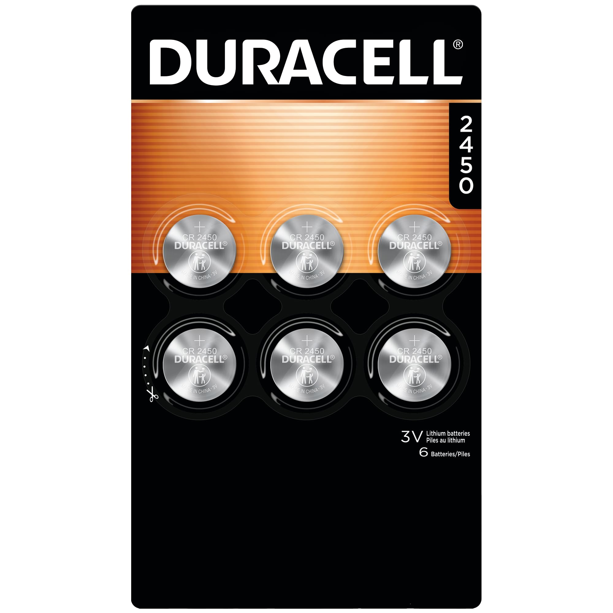 Duracell CR2450 empaque frontal mostrando seis pilas y información clara