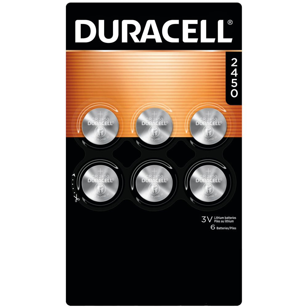 Duracell CR2450 empaque frontal mostrando seis pilas y información clara