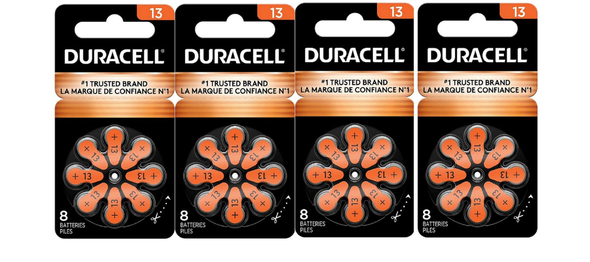 Duracell paquete frontal tamaño 13 mostrando cantidad y color naranja, fácil elección