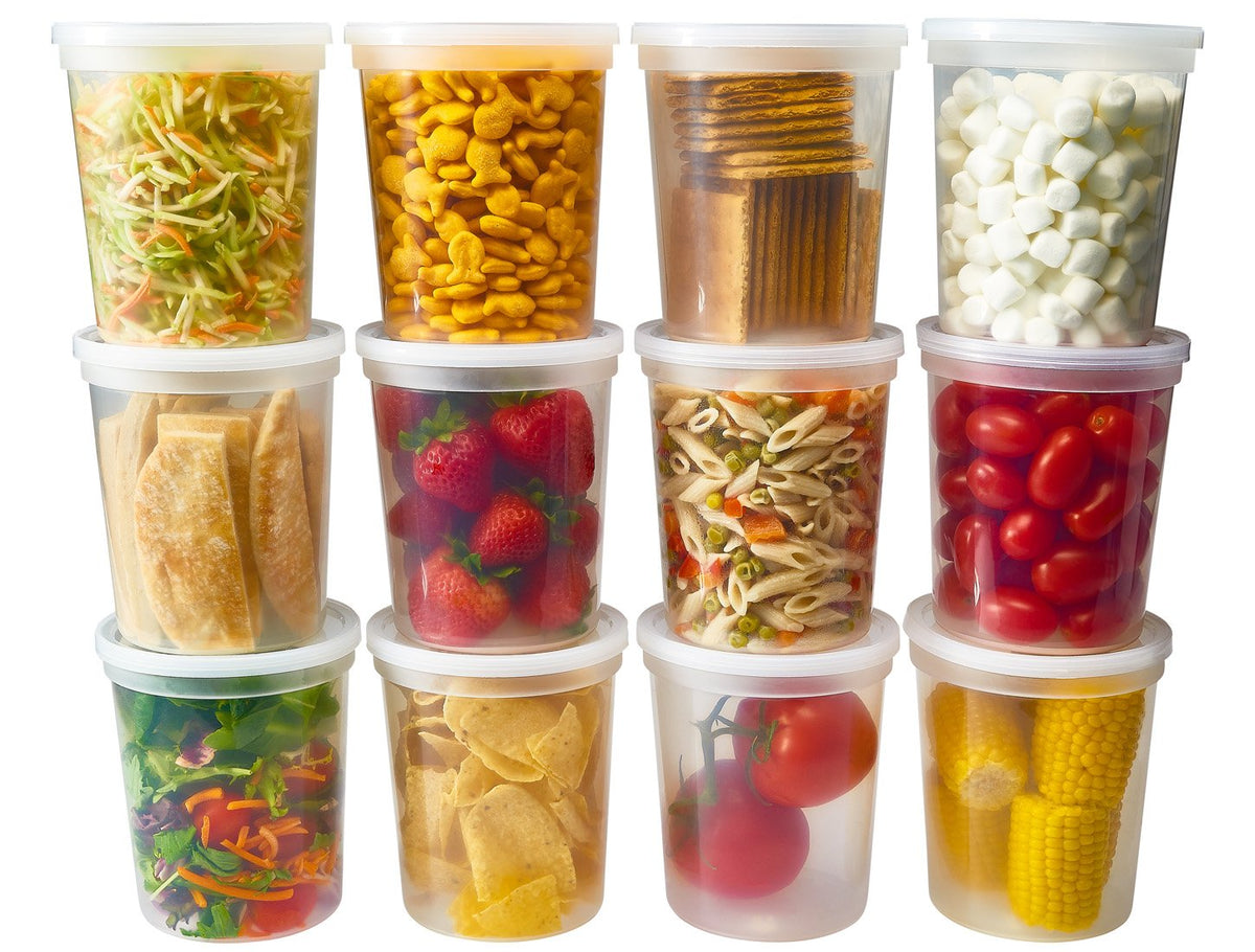 DuraHome front packaging showing 24 clear 32 oz containers and lids, convenient storage