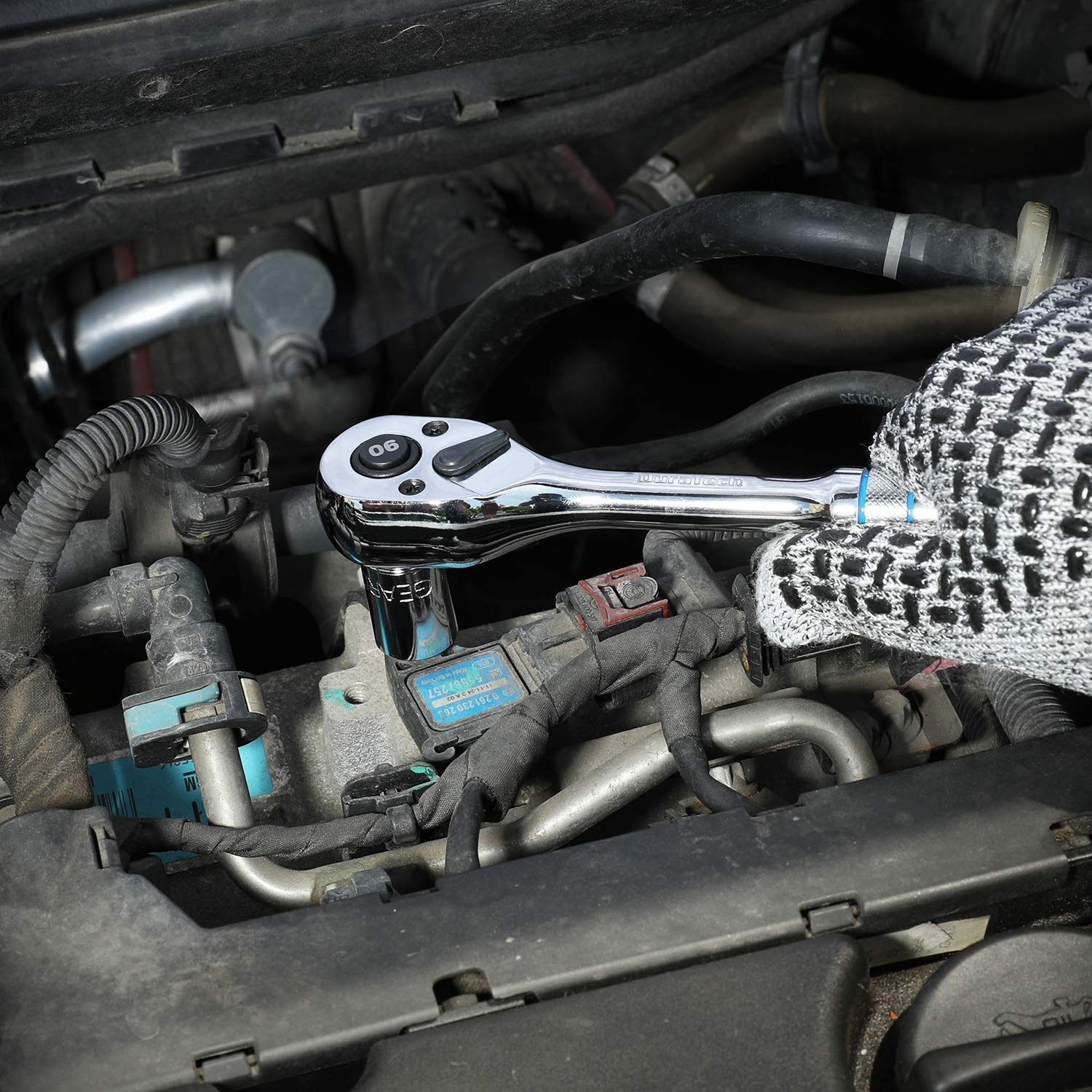 DURATECH etiqueta con marca y especificación 3/8" mostrando modelo claro
