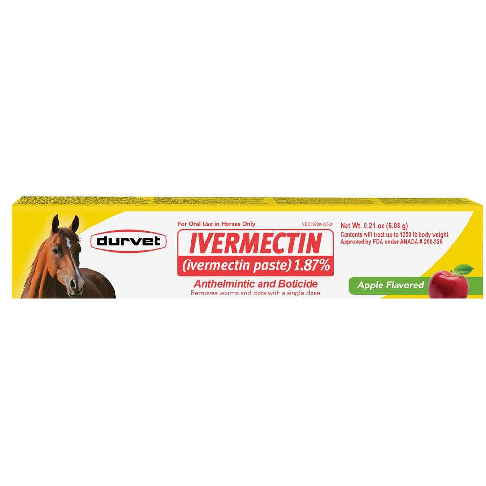Durvet ivermectin pasta frente del empaque mostrando dosis y sabor manzana