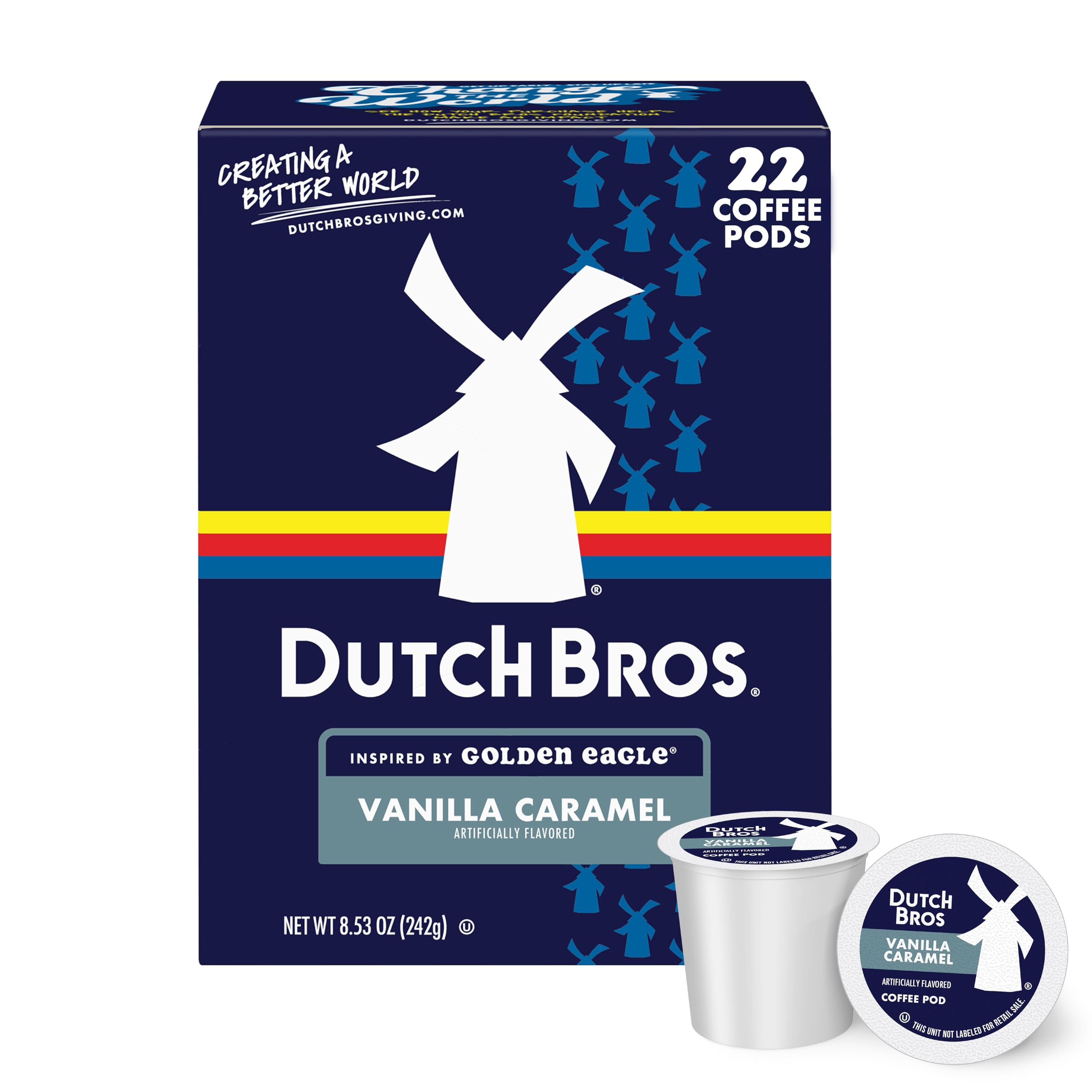 Dutch Bros caja frontal mostrando 22 cápsulas y sabor vainilla caramelo
