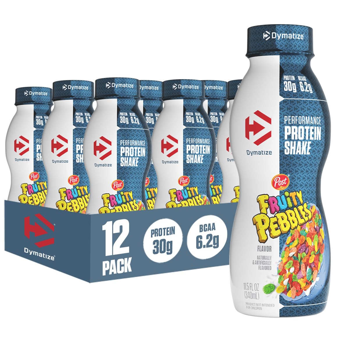 Dymatize botella frontal Fruity Pebbles mostrando diseño y conveniencia