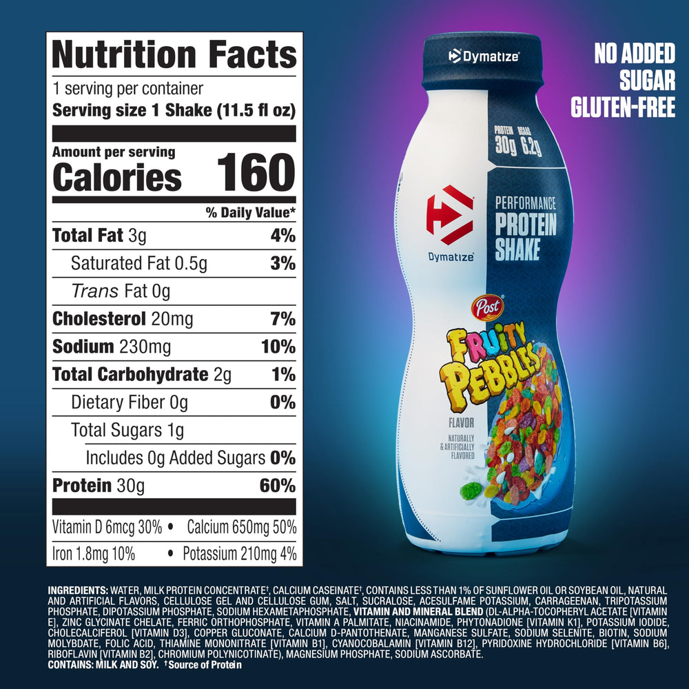 Dymatize etiqueta nutricional en primer plano que muestra 30 g de proteína