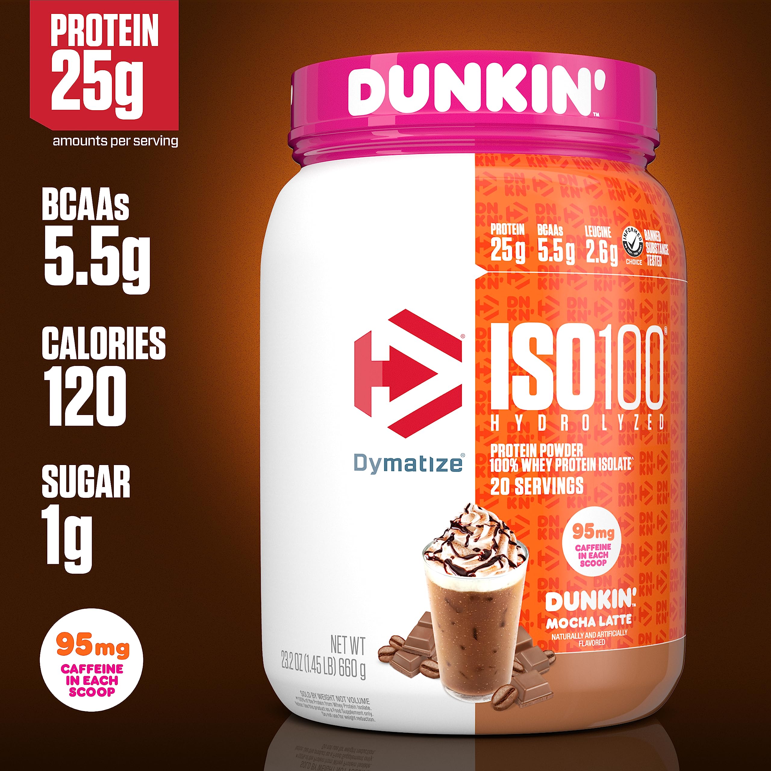 Dymatize batido Mocha Latte en vaso, bebida energética y sabrosa