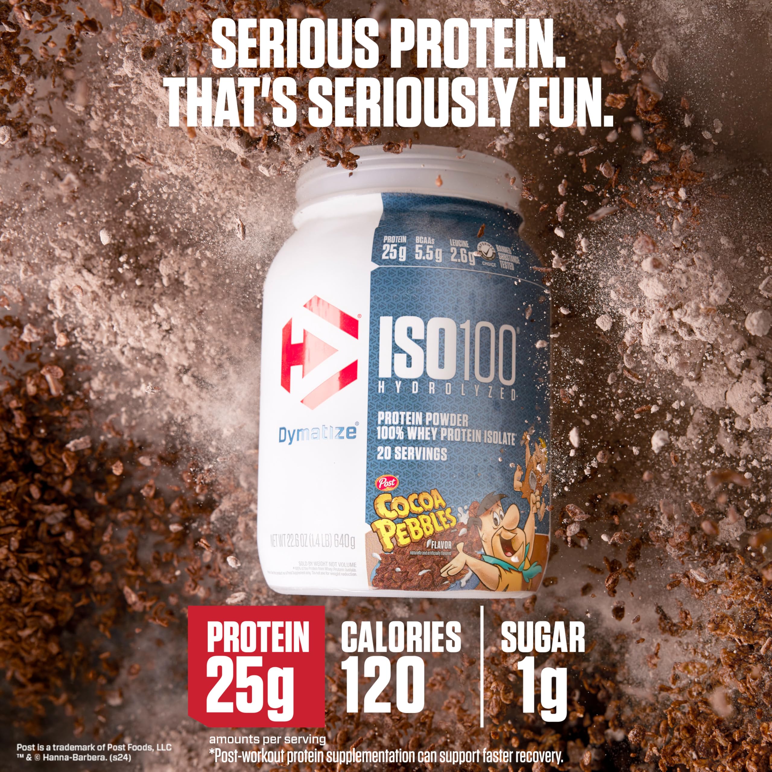 Dymatize textura del polvo Cocoa Pebbles, mezcla fina y disolución rápida