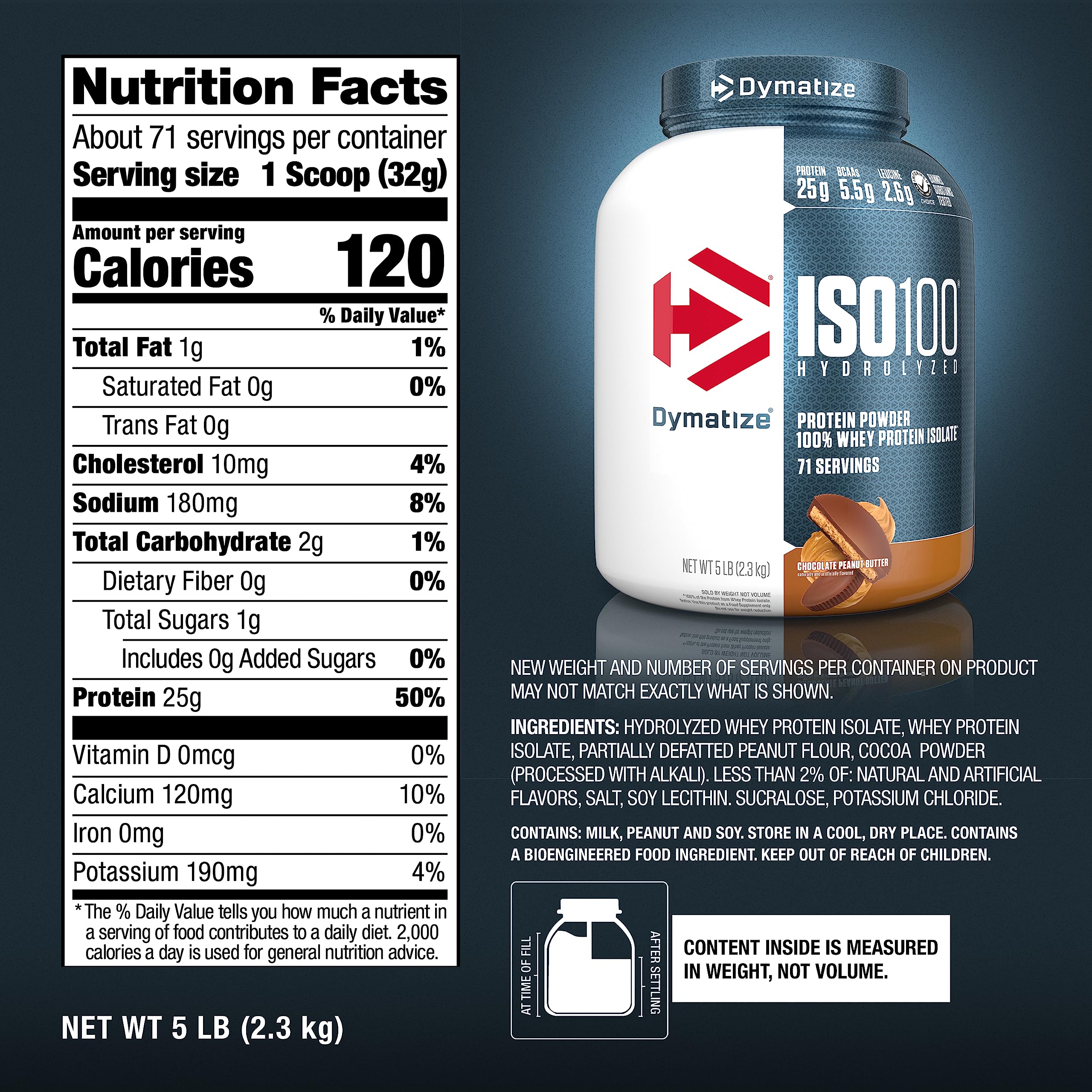 Dymatize etiqueta nutricional ampliada mostrando macros por porción