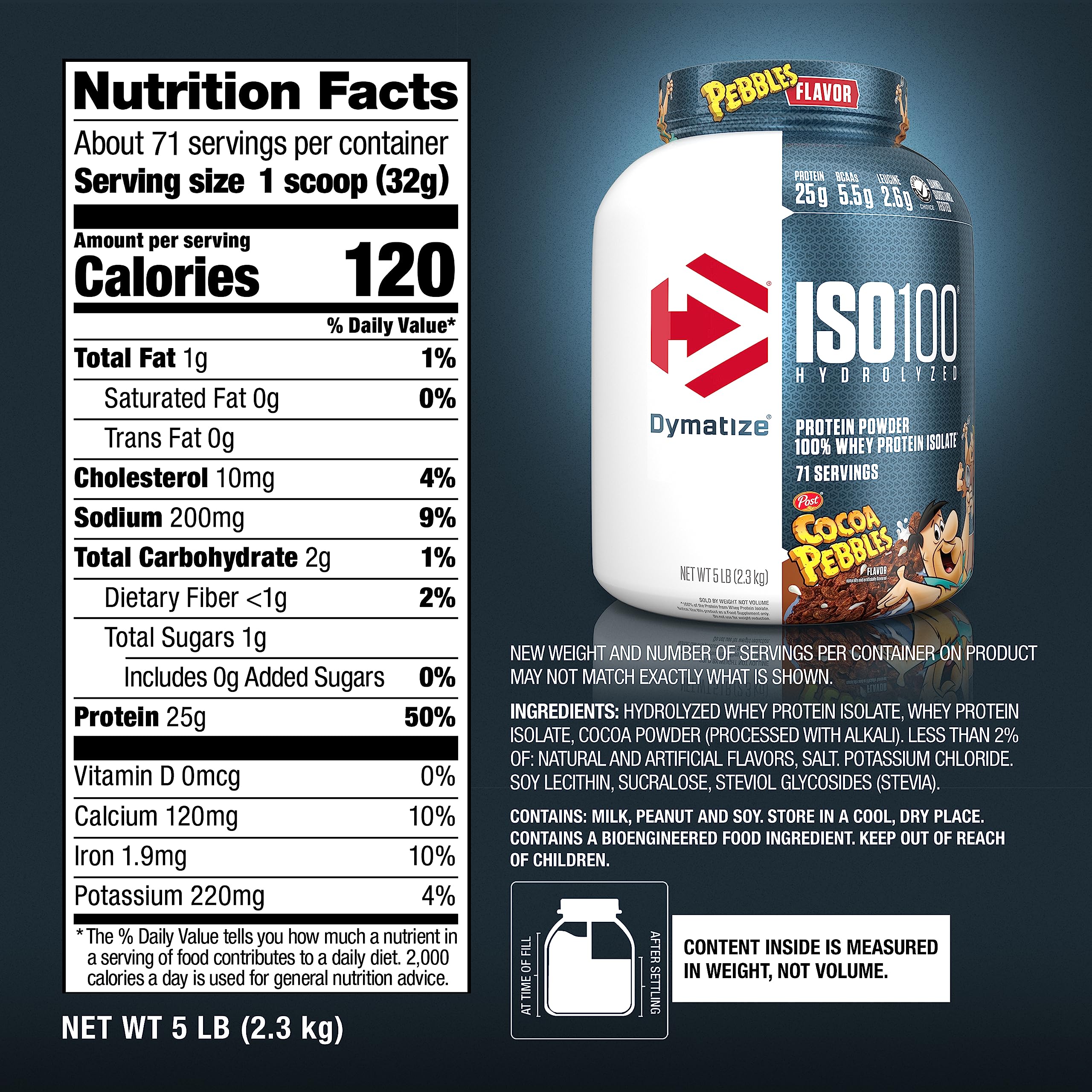 Dymatize etiqueta nutricional legible con beneficios y macronutrientes