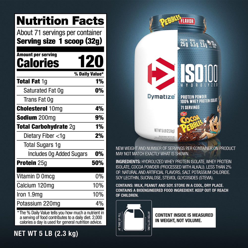Dymatize etiqueta nutricional legible con beneficios y macronutrientes