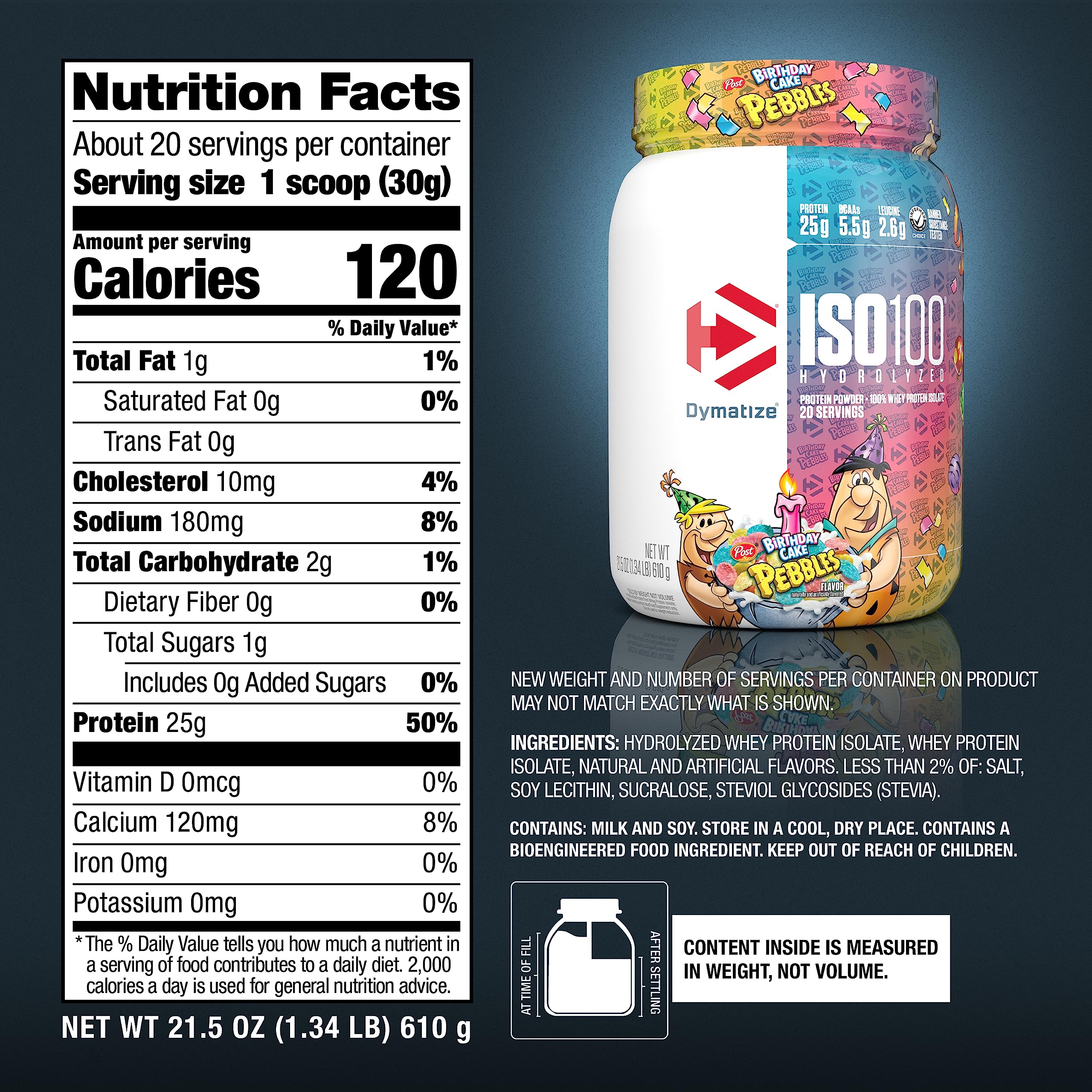 Dymatize ISO100 etiqueta nutricional destacando 25 g de proteína por porción