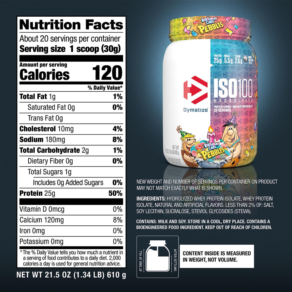 Dymatize ISO100 etiqueta nutricional destacando 25 g de proteína por porción