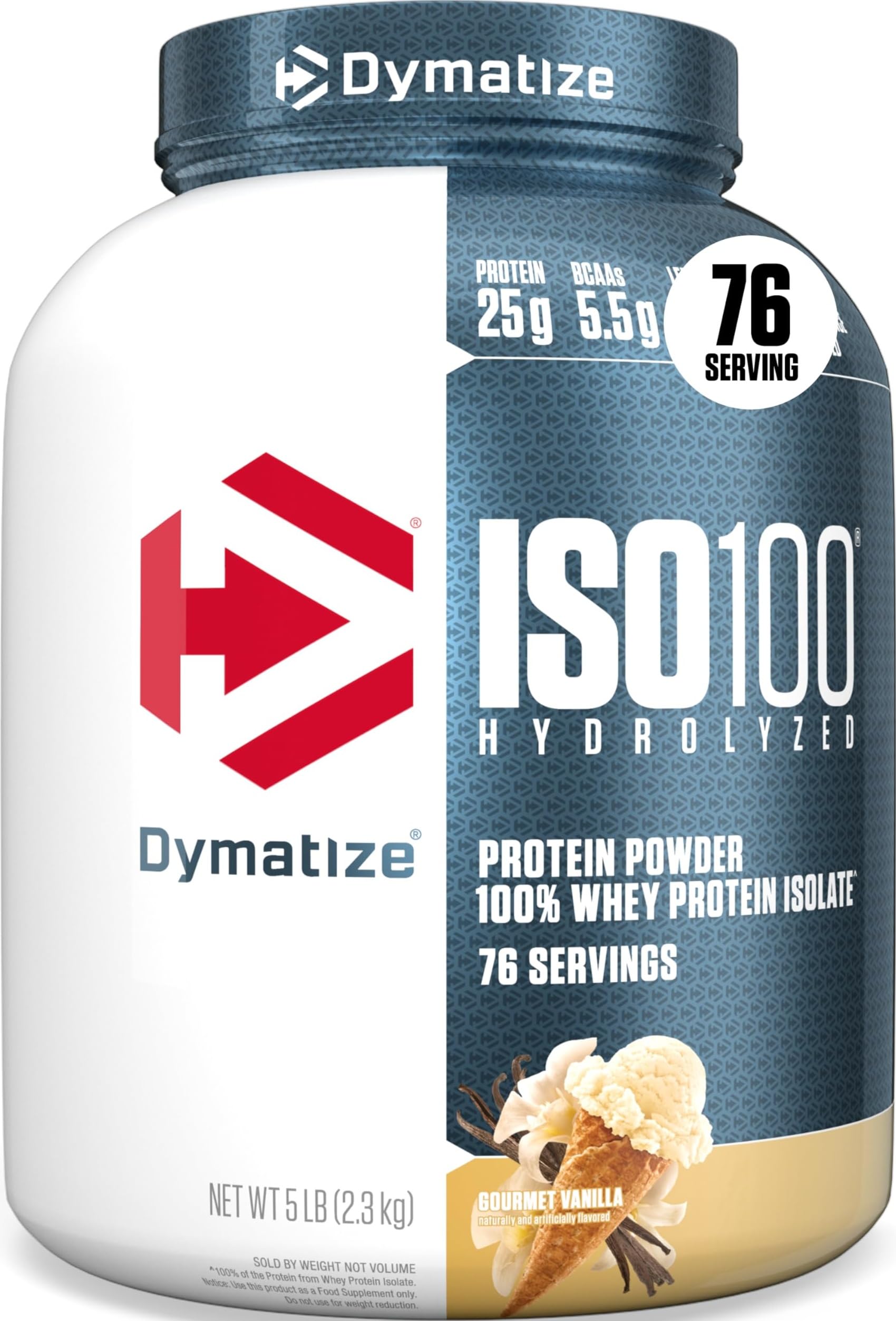 Dymatize ISO100 envase frontal mostrando tamaño y sabor Gourmet Vanilla