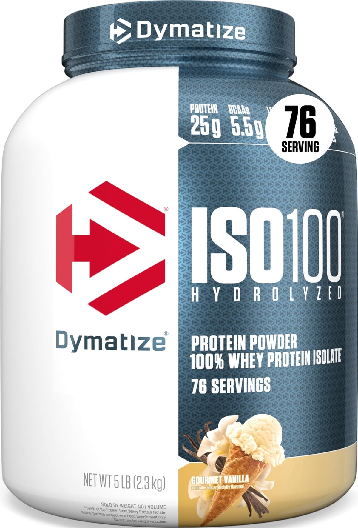Dymatize ISO100 envase frontal mostrando tamaño y sabor Gourmet Vanilla