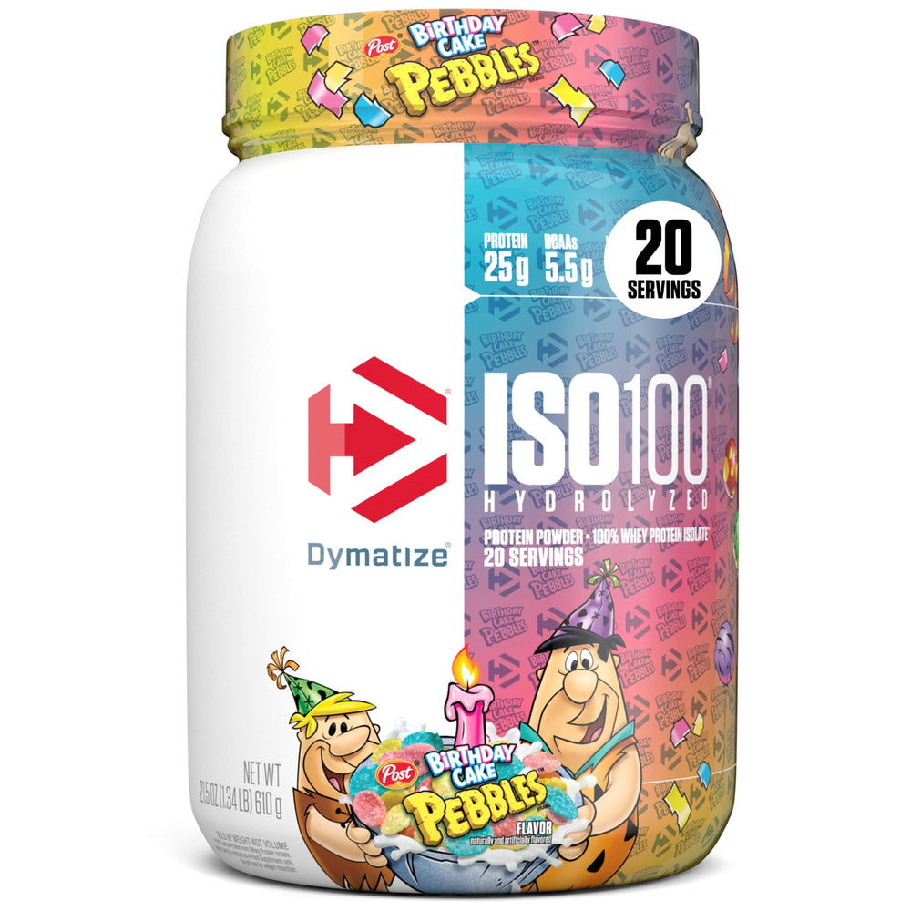 Dymatize ISO100 frente del envase mostrando presentación y ventaja de pureza