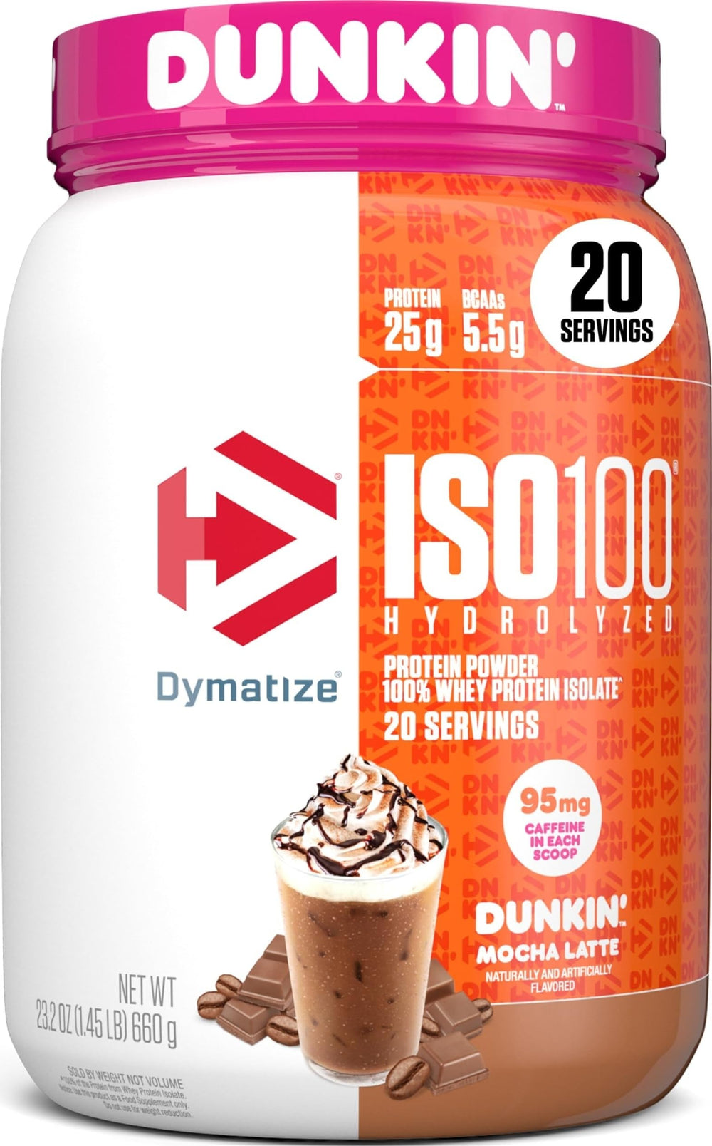 Dymatize envase frontal Mocha Latte mostrando sabor y beneficios