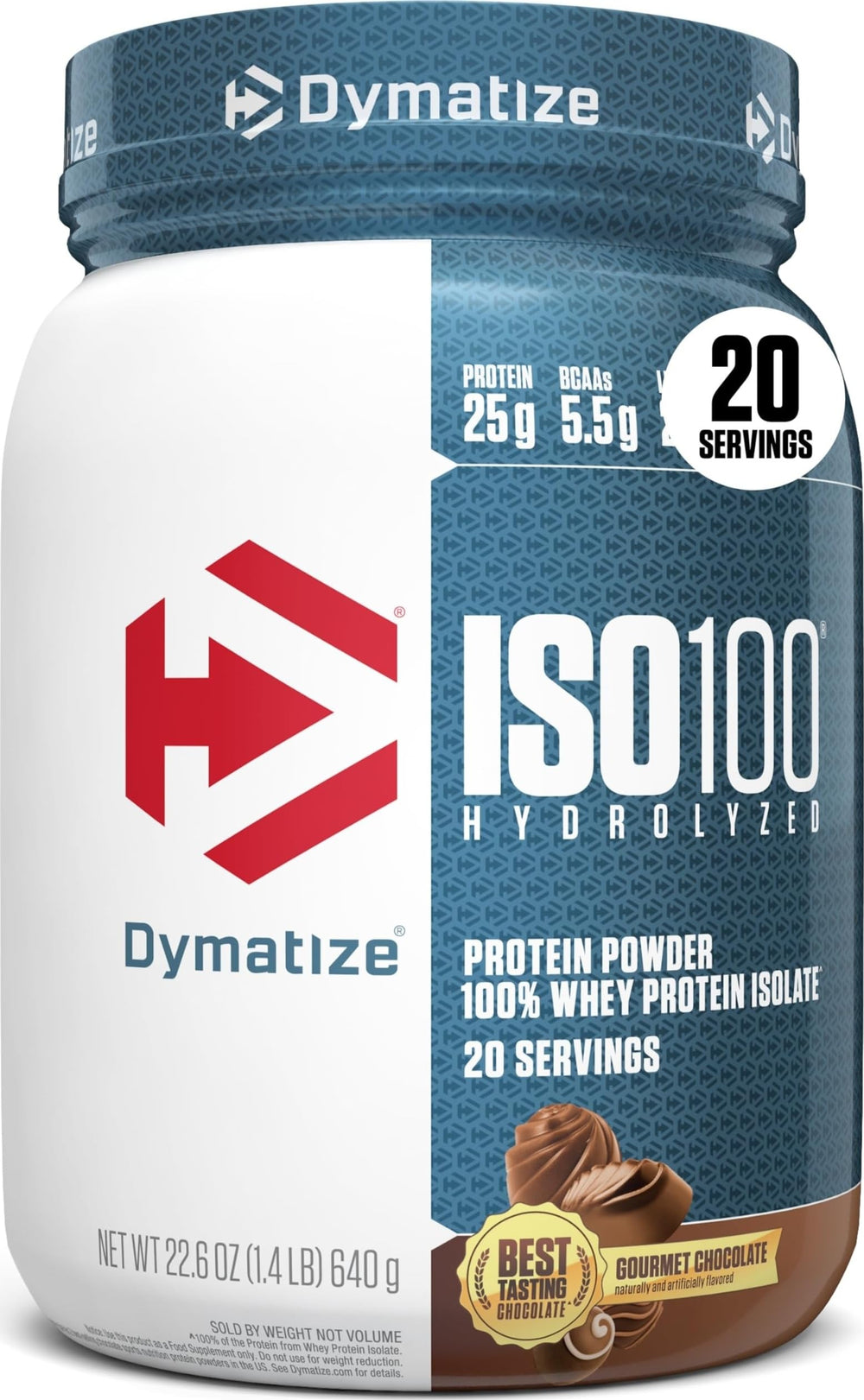 Dymatize envase frontal mostrando marca y beneficio de proteína pura