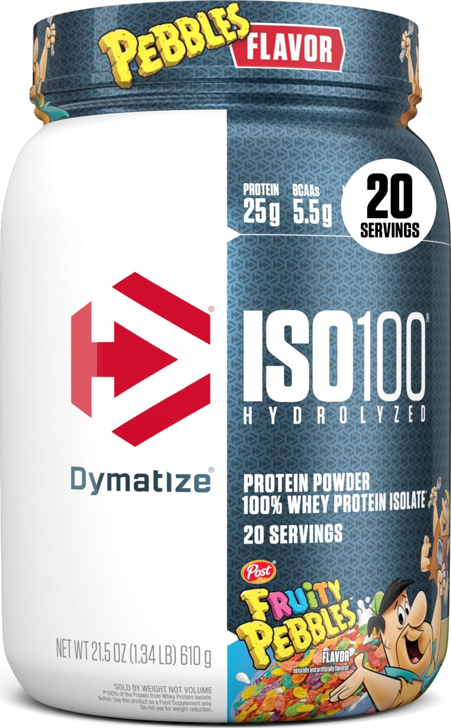 Dymatize envase frontal Fruity Pebbles mostrando diseño y tamaño práctico