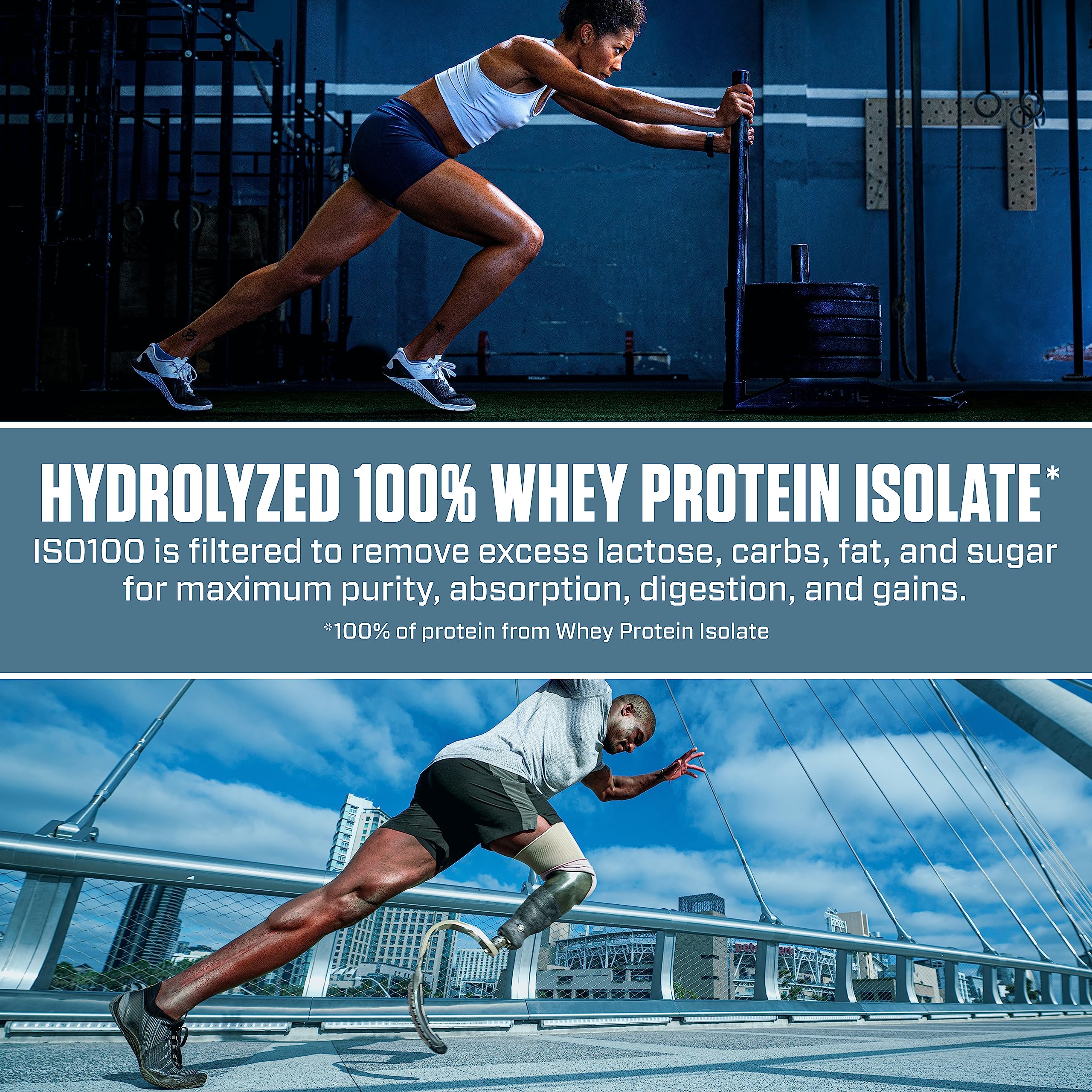 Dymatize cucharada medidora con polvo sobre báscula para control porciones