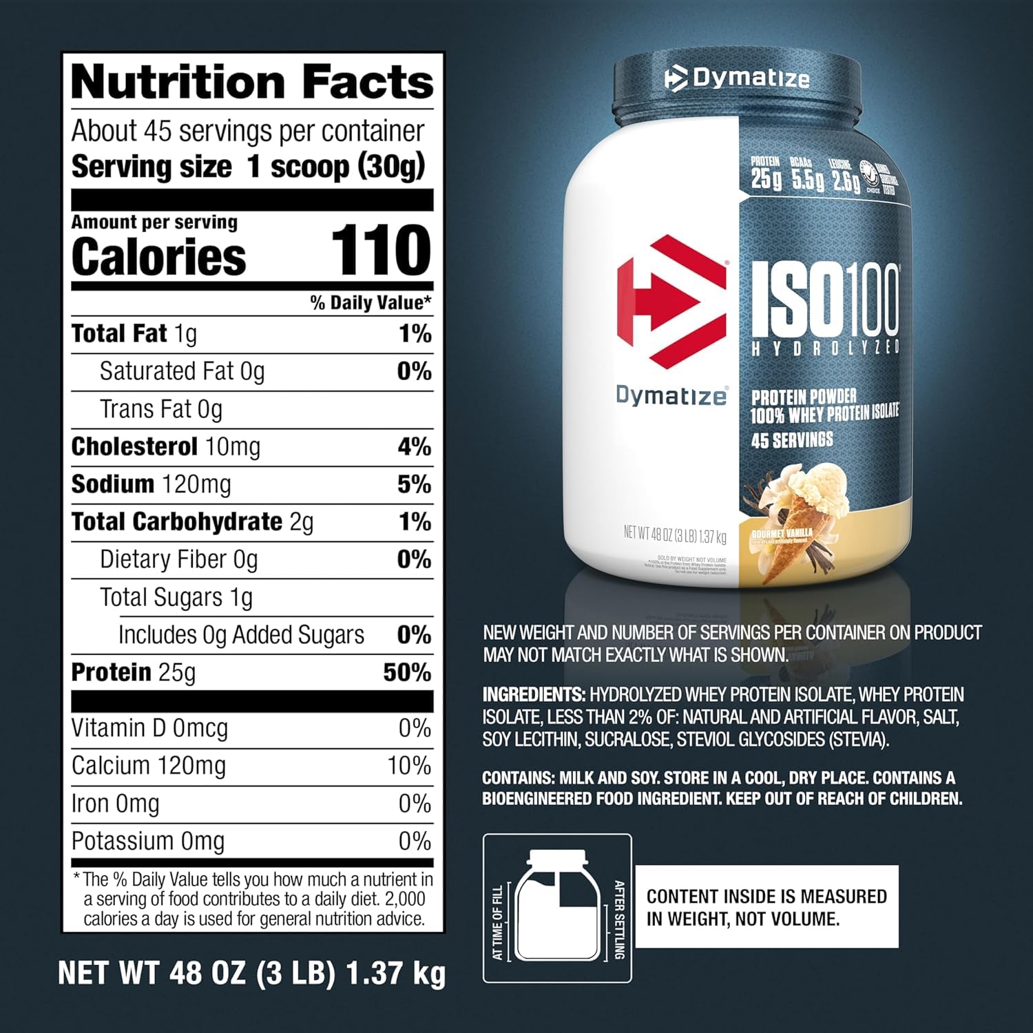 Dymatize ISO100 comparación de tamaño con una mano, evidencia cantidad por envase