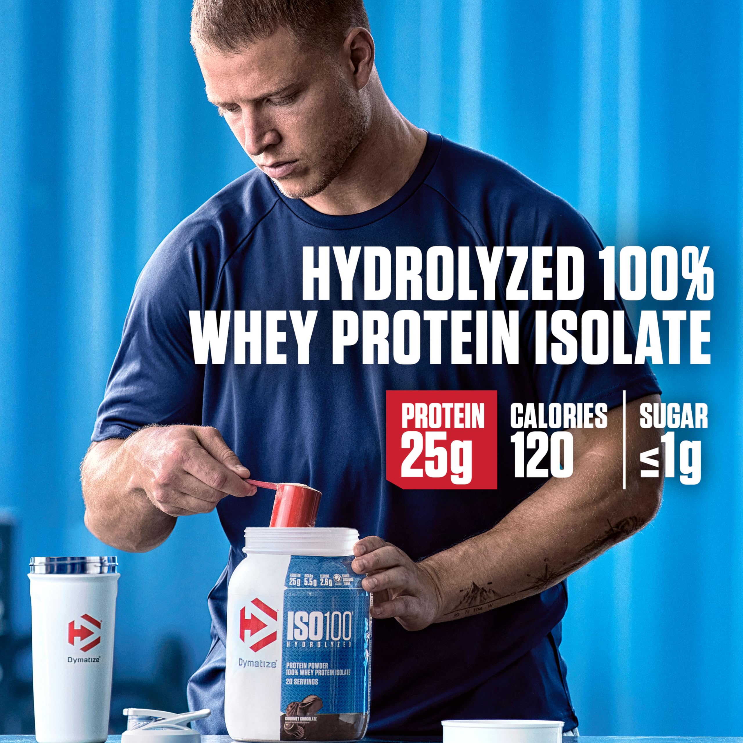 Dymatize ISO100 textura del polvo en primer plano que sugiere fácil disolución y absorción rápida