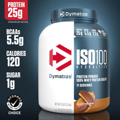 Dymatize polvo vista de cerca para apreciar textura fina y mezcla fácil