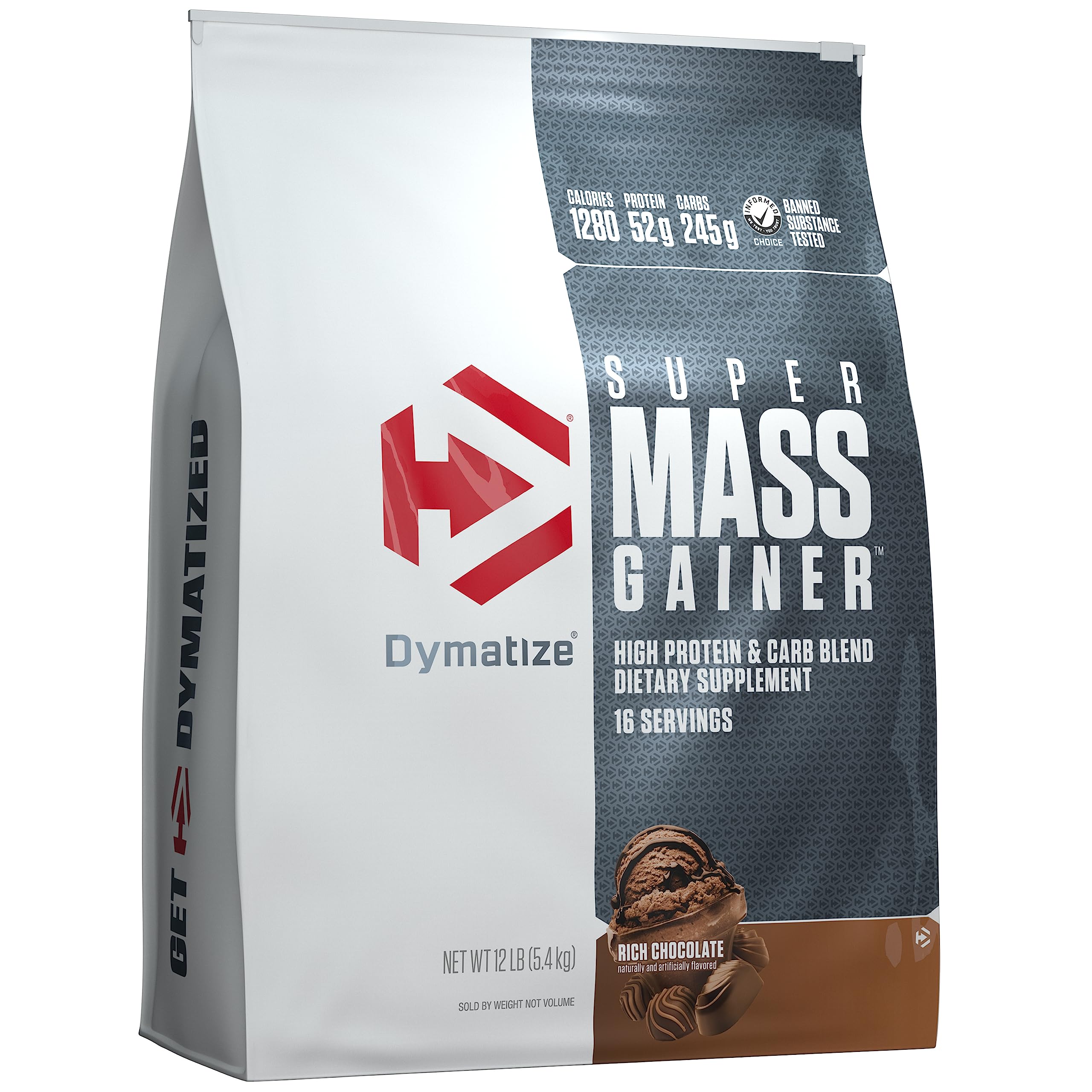 Dymatize Super Mass Gainer frente mostrando envase y tamaño, ideal para ganar masa