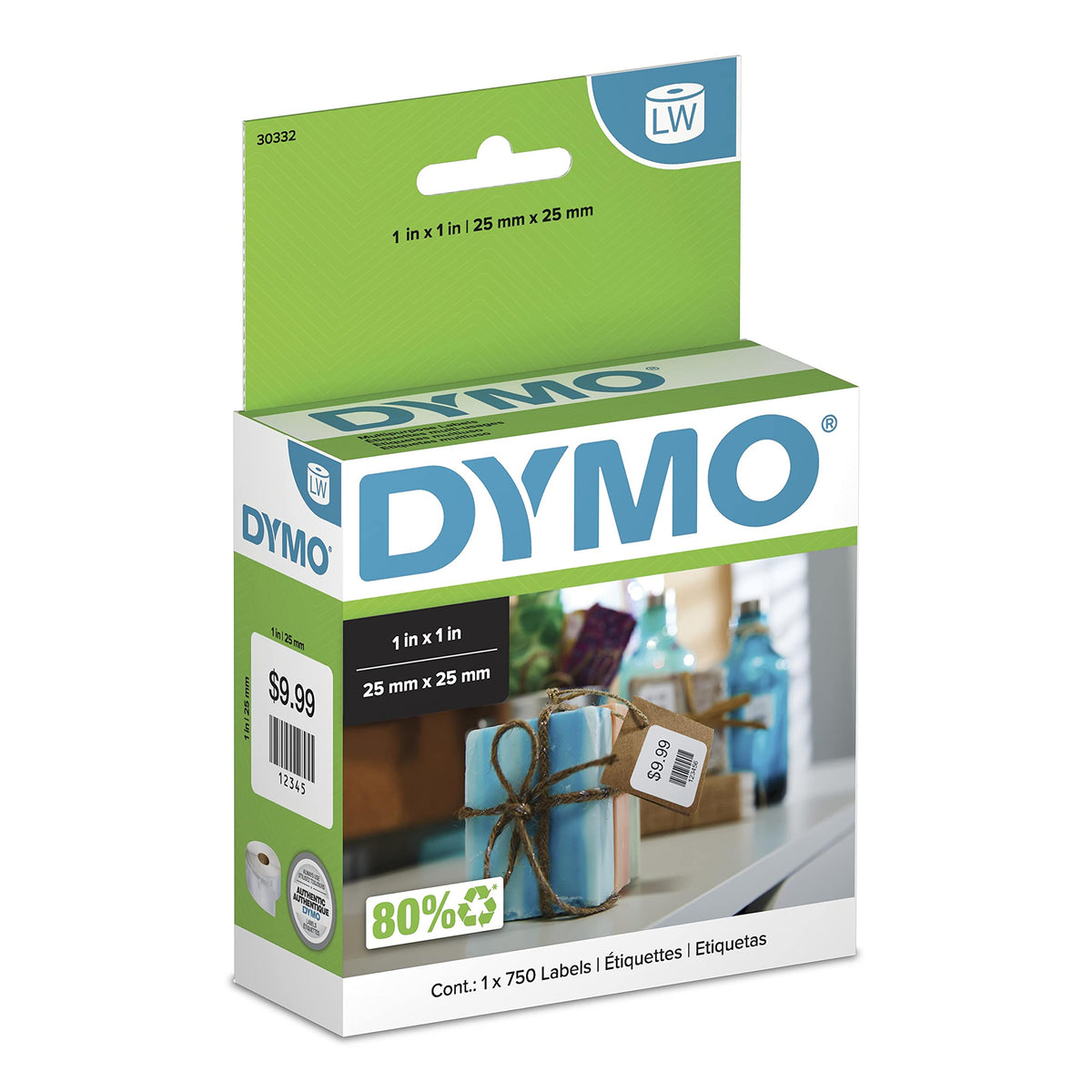 DYMO etiquetas cuadradas frontal del rollo mostrando cantidad y tamaño