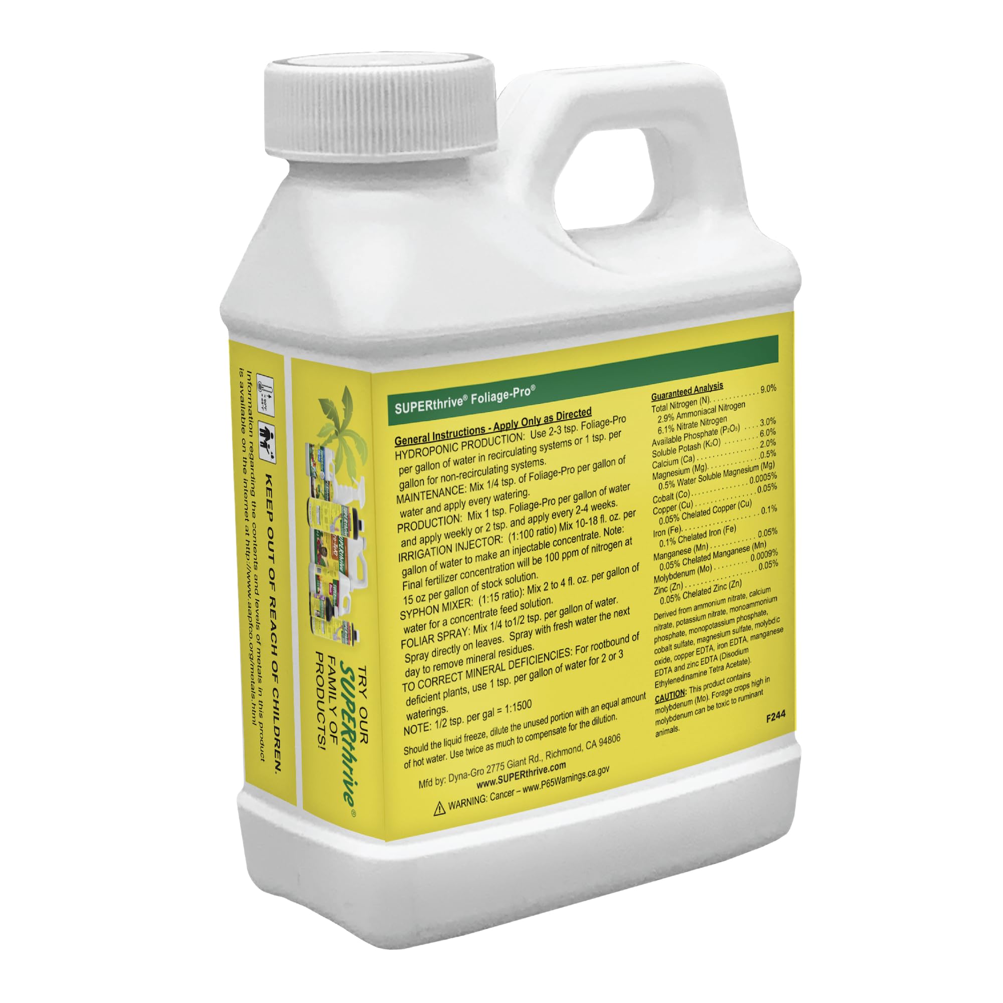 Dyna-Gro detalle de la botella mostrando el aplicador y cierre seguro