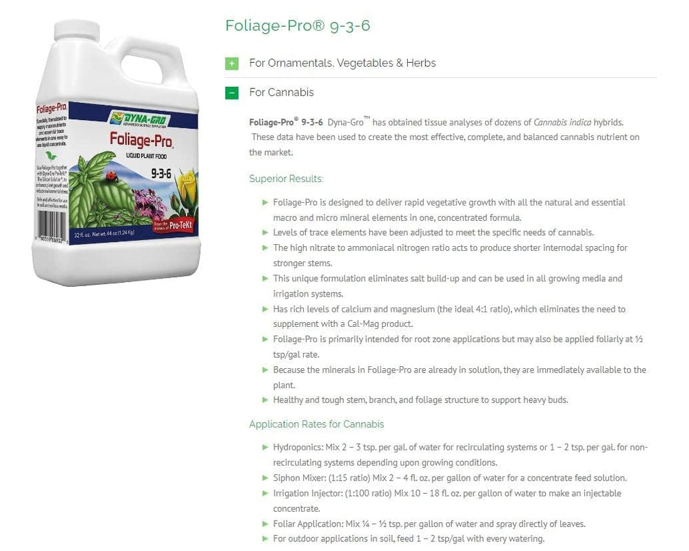 Dyna-Gro Foliage-Pro envase junto a regla para muestra de tamaño práctico