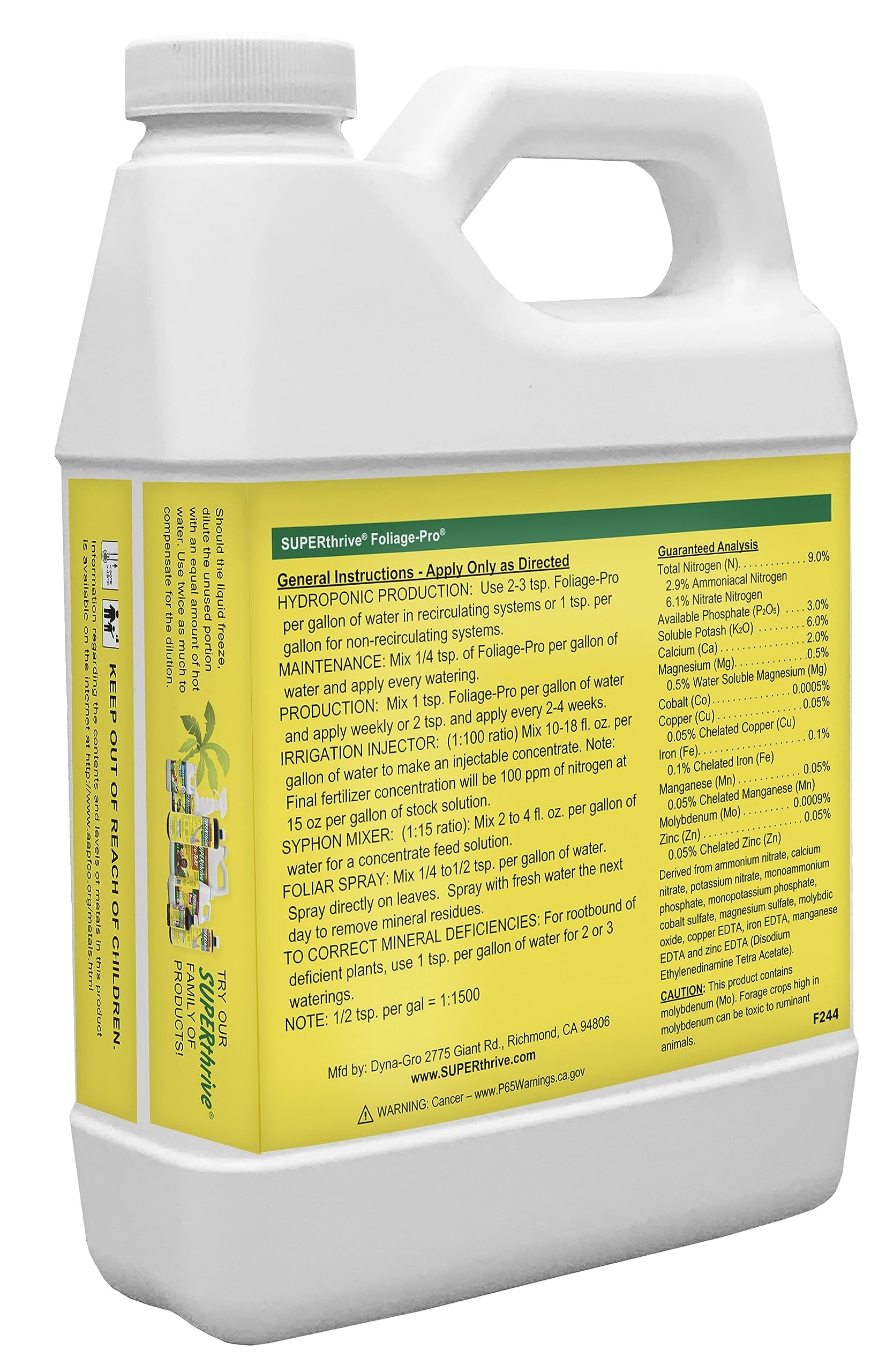 Dyna-Gro Foliage-Pro etiqueta legible mostrando proporción 9-3-6 y ventajas