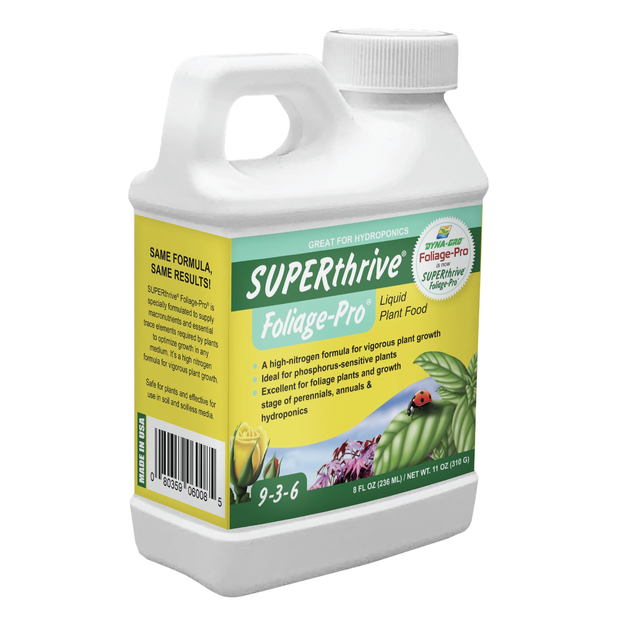 Dyna-Gro botella Foliage-Pro frente, presentación compacta y fácil dosificar