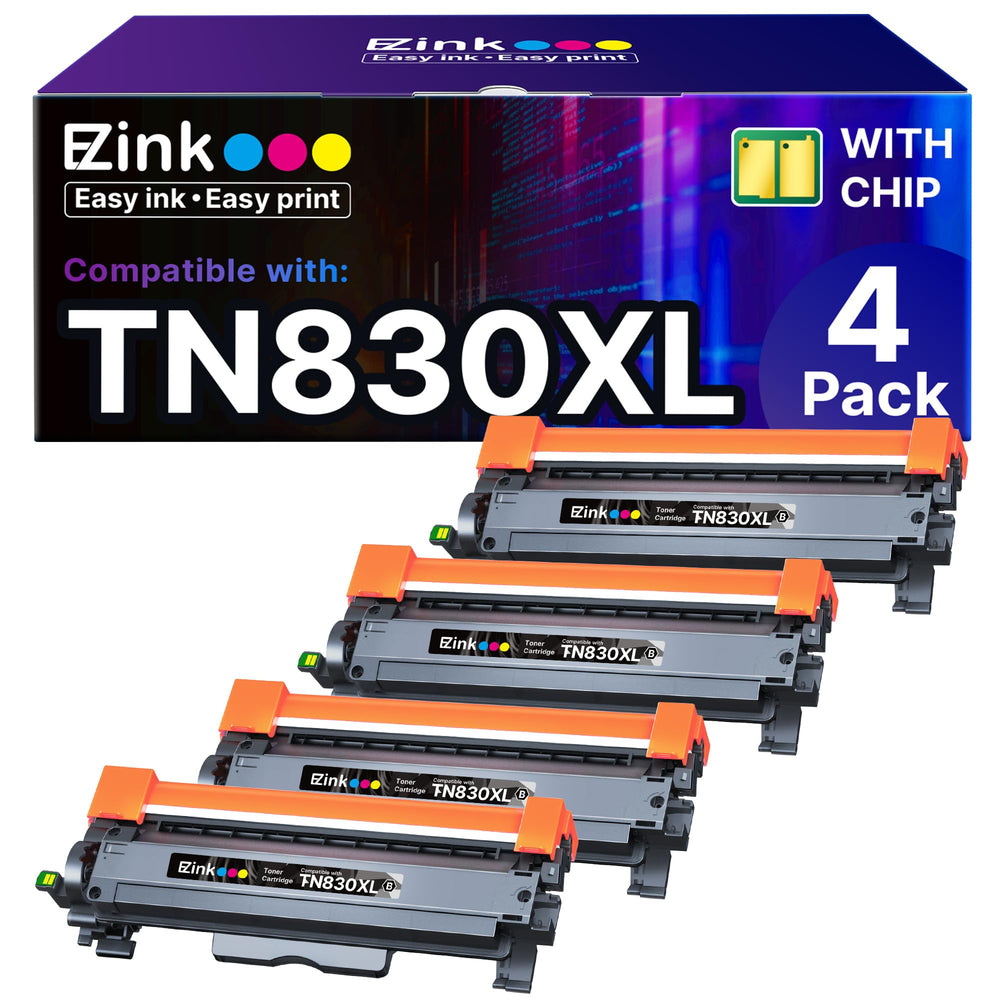 E-Z Ink caja frontal TN830XL mostrando cuatro cartuchos y beneficio ahorro