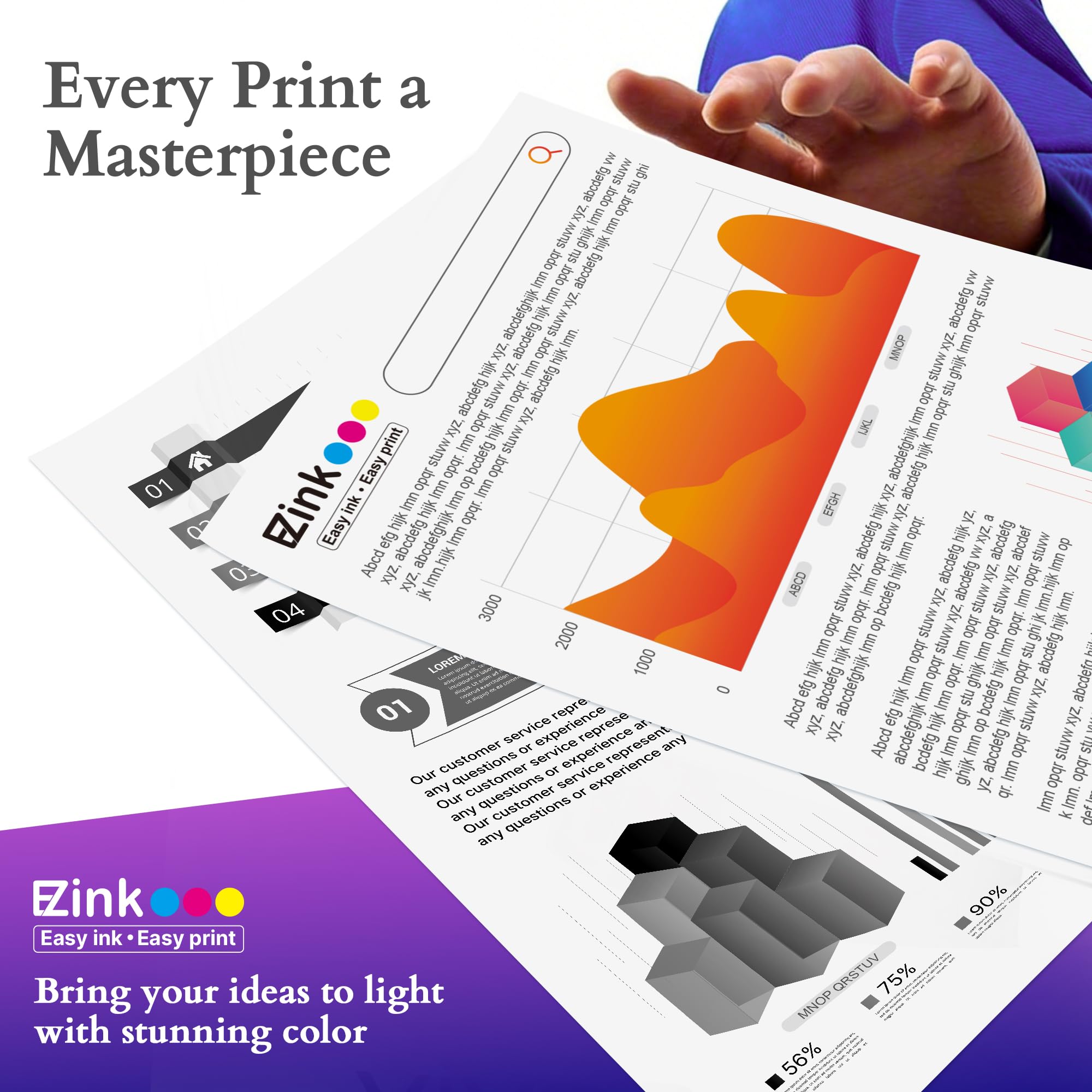 E-Z Ink página impresa de muestra mostrando texto nítido y colores equilibrados