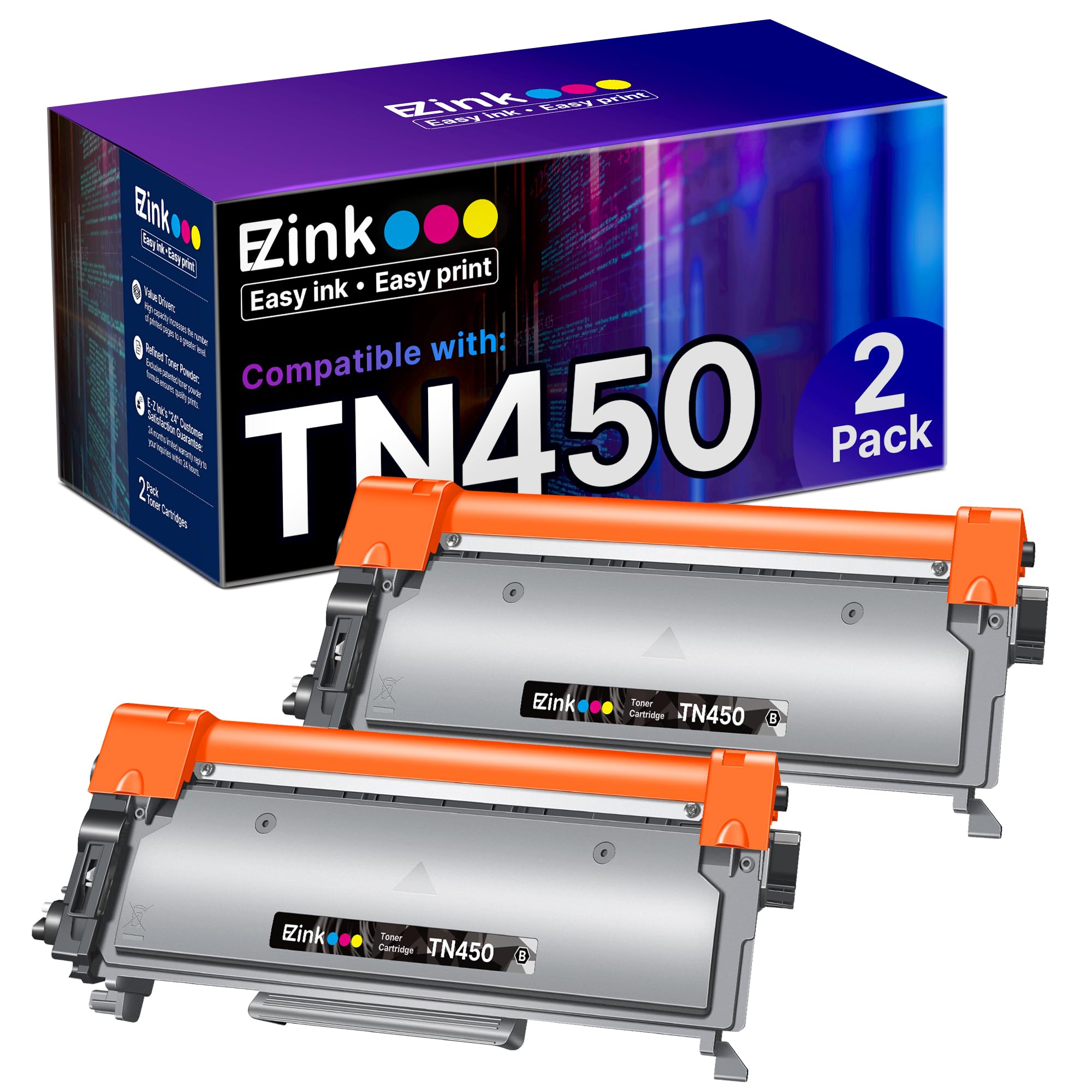 E-Z Ink front packaging showing two TN450 cartridges and compatibility list for quick benefit