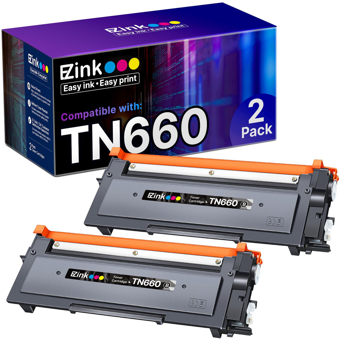 E-Z Ink vista frontal del empaque mostrando dos cartuchos y ahorro