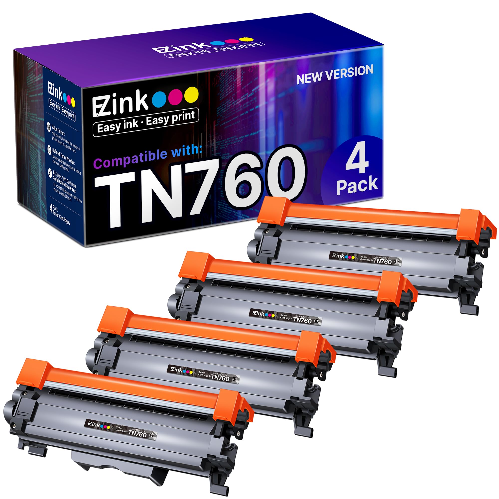 E-Z Ink TN760 frontal del embalaje mostrando marca y compatibilidad, confianza de compra