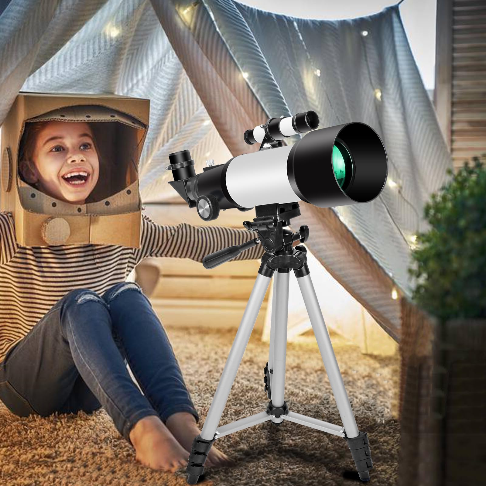 EACONN telescopio apuntando la Luna en campo, experiencia familiar nocturna