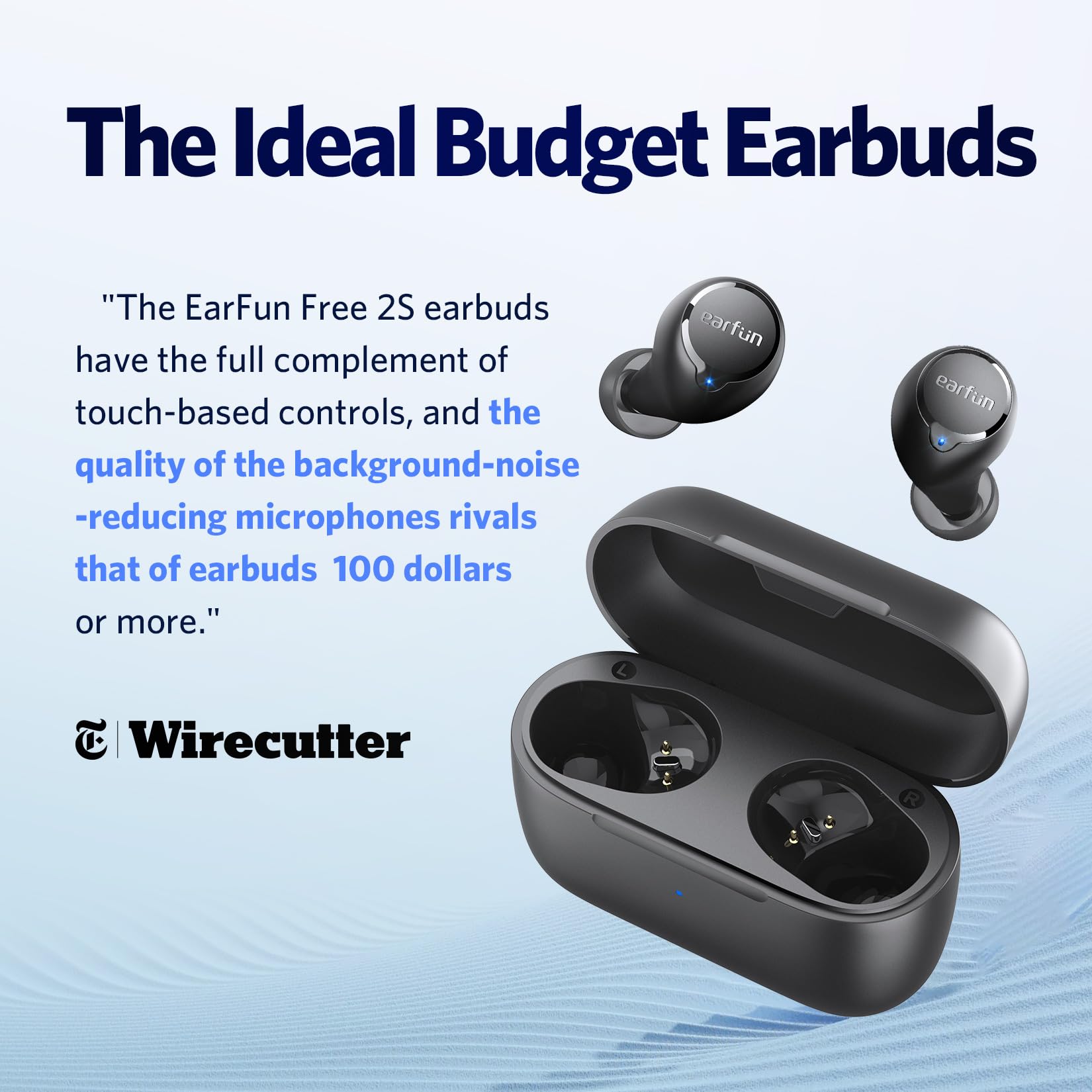 EarFun Free 2S estuche abierto con auriculares y indicador de carga visible